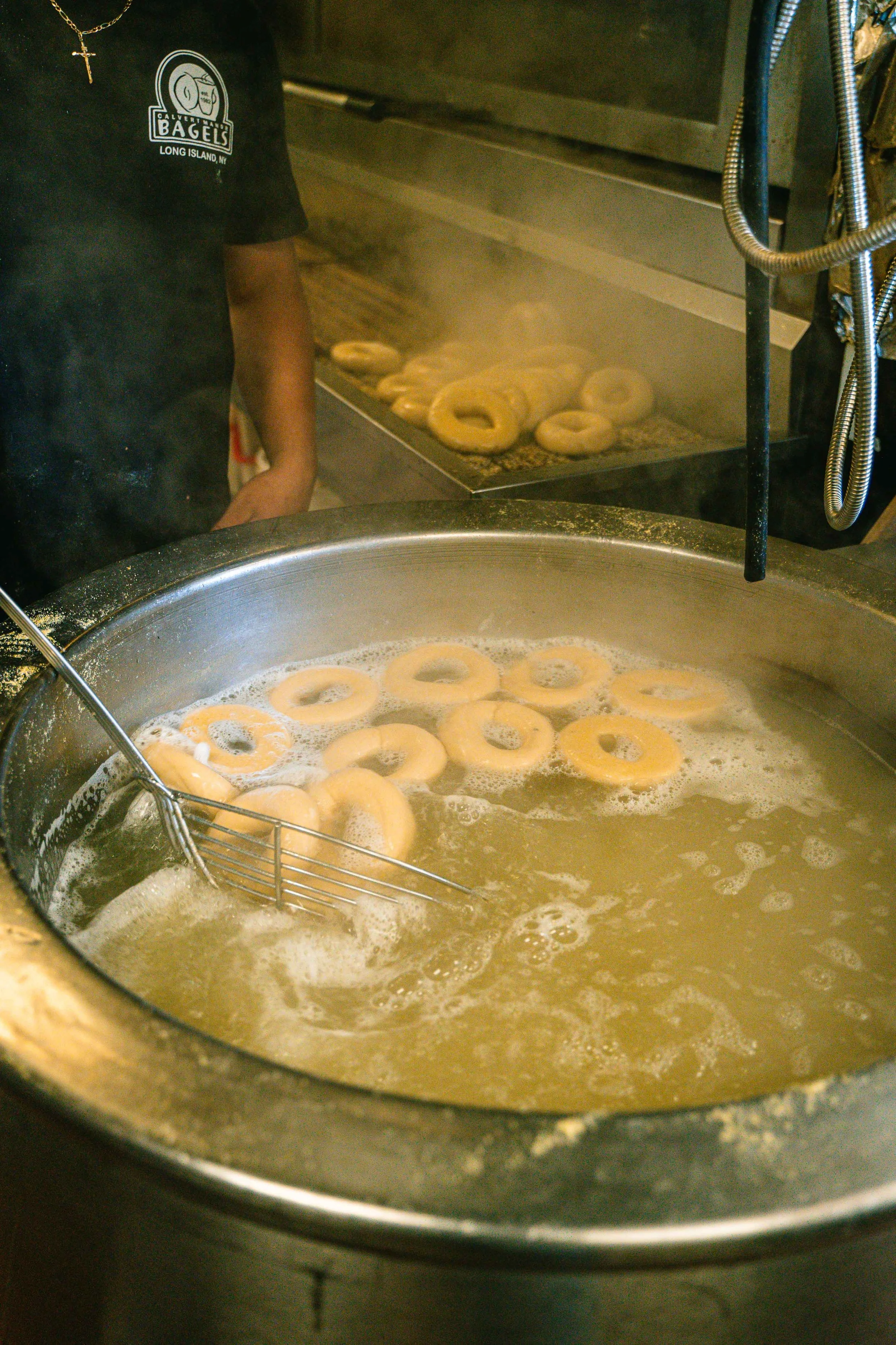 Fresh bagels in the kettle at Calvert Manor
