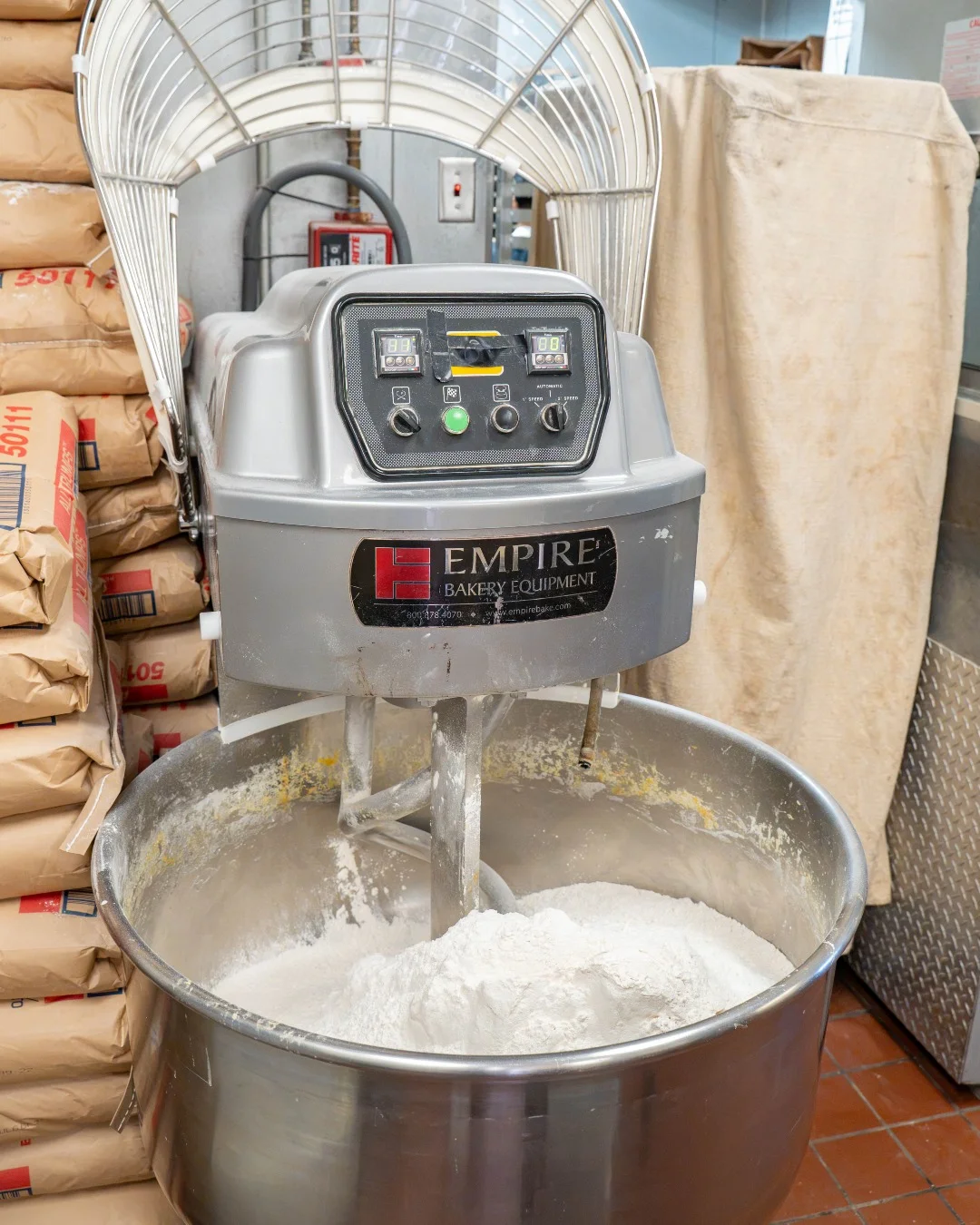 Bagel dough being mixed fresh at Calvert Manor