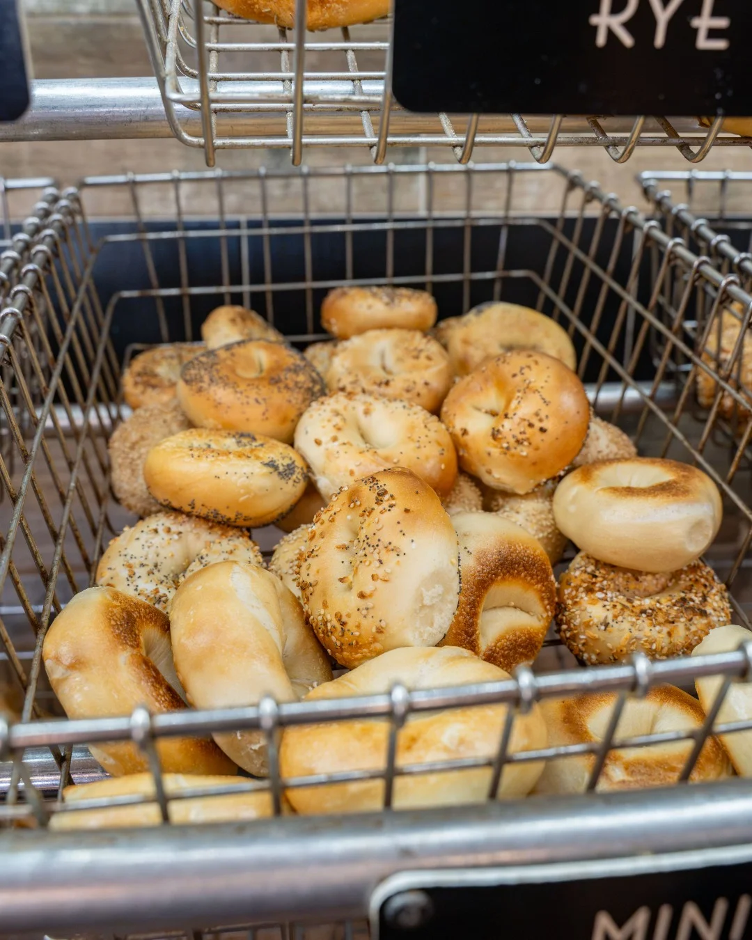 Fresh Calvert Manor bagels in the display basket